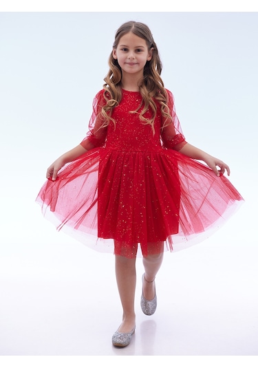 Ahengim Kız Çocuk Yıldız Baskılı Trend Tül Elbise Ak2246 Kırmızı
