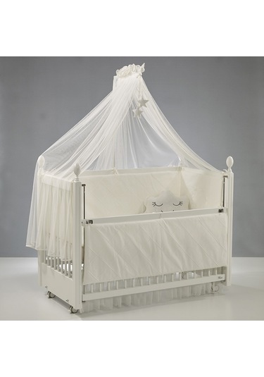 Meltem Kids Kral Sallanır Ahşap Anne Yanı Beşik 60x120 cm (beyaz-motto ekru) Ekru