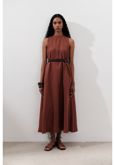 Keten Büzgülü Geniş Elbise Bakır Bakır
