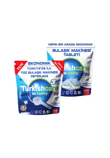 Turkishcare Bulaşık Deterjanı Premium Tablet 40 Yıkama + Bulaşık Makinesi Deterjanı Toz 40 Yıkama
