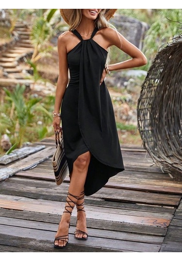 Kadın Omuzlardan Açık Boyundan Geçmeli Asimetrik Kesim Detaylı Viskon Elbise Siyah