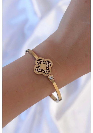 316l Çelik Altın Renk Zirkon Taşlı Simli Yonca Kelepçe