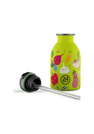 Kids Bottle Veggie Friends Pipetli Paslanmaz Çelik Çocuk Su Matarası 250 Ml Sarı