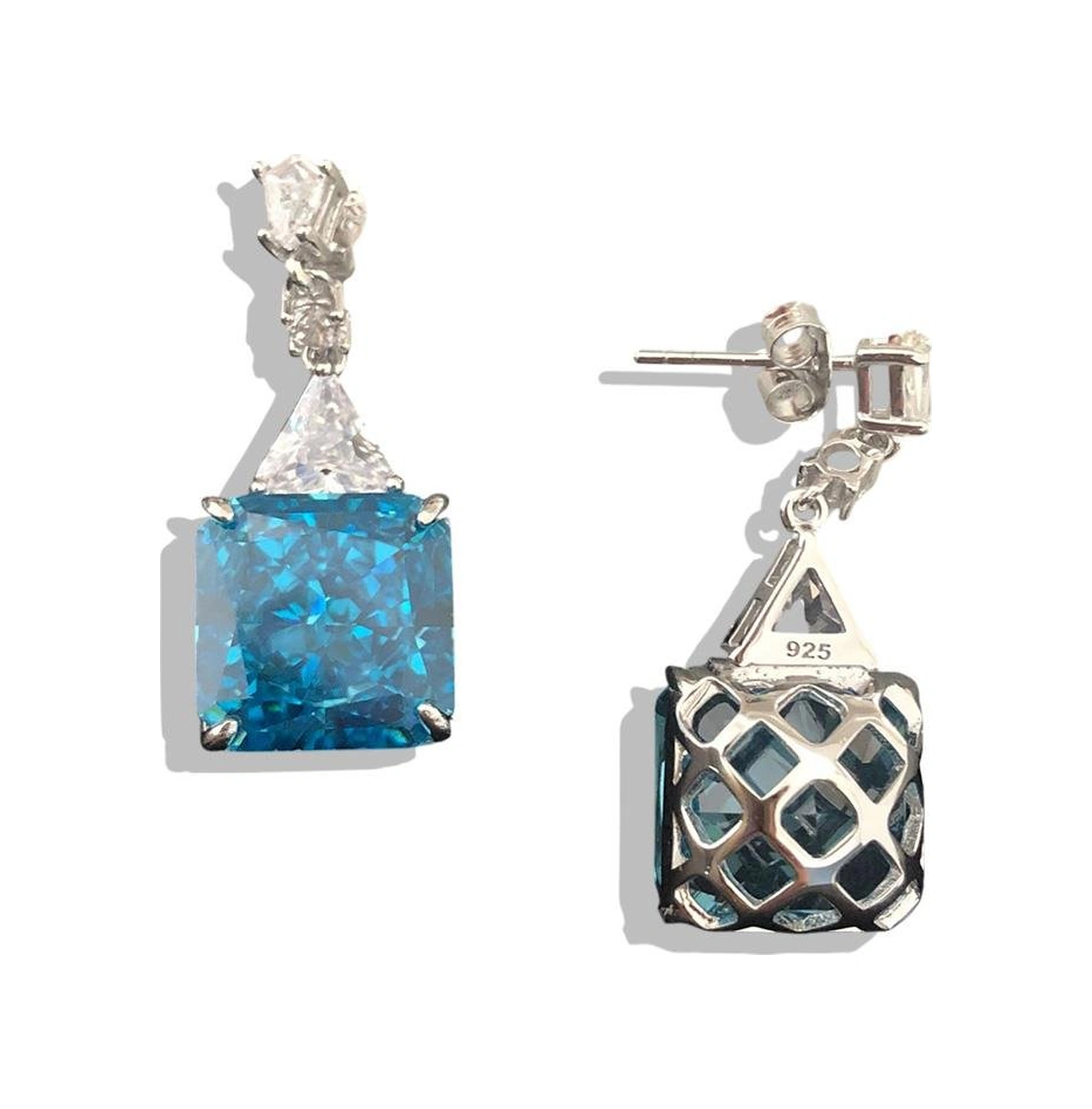 Aquamarine Kare Taşlı Gümüş Pırıltı Küpe Gümüş