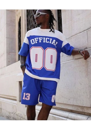 Dijital 00 Baskılı Şortlu Takım - Mavi Mavi