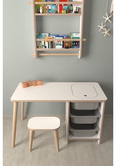 Çocuk Oyun Ve Aktivite Masası - 1 Tabure - Gri Sepetli Beyaz-gri Beyaz - Gri