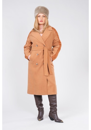 Giyim Dünyası Kadın Kolları Triko Örgü Detaylı Bel Kuşaklı Kaşe Kaban Camel 001