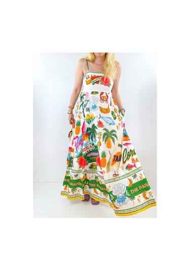 Özel Baskı Maxi Şifon Elbise Çok Renkli