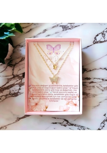 Çift Katlı Kadın Kelebek Kolye - Kararmaz Altın Kaplama