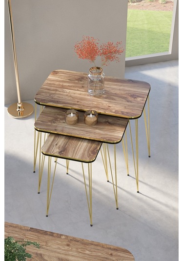 Zigon Sehpa Kare Çift Gold Ceviz Tel