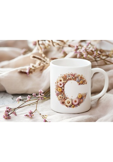 C Harfi Çiçek Desenli Kupa Bardak - Alfabe Harfleri İle Doğal Çiçekli Kupa - Hediye Fikir Beyaz