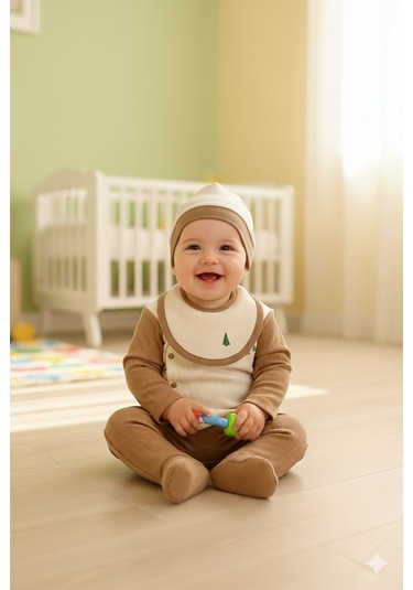 Erkek Bebek 4'lü Zıbın Takımı 1-6 Ay Kahverengi