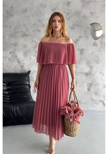 Kadın Astarlı Piliseli Şifon Elbise Dpk2099 Gülkurusu