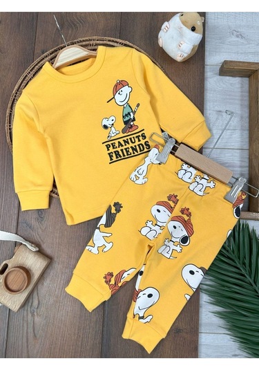 Bisiklet Yaka Peanuts Friends Baskılı Alt Üst Pijama Takımı 4bb2 Sarı