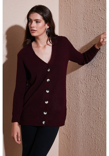 Lela Regular Fit V Yaka Düğmeli Triko Örme Uzun Bayan Hırka 4615044 Bordo
