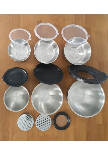 Steel&More Çelik Rendeli Saklama Kabı 9parça Ve 3'lü Saklama Kabı 15 Parça Set Gri