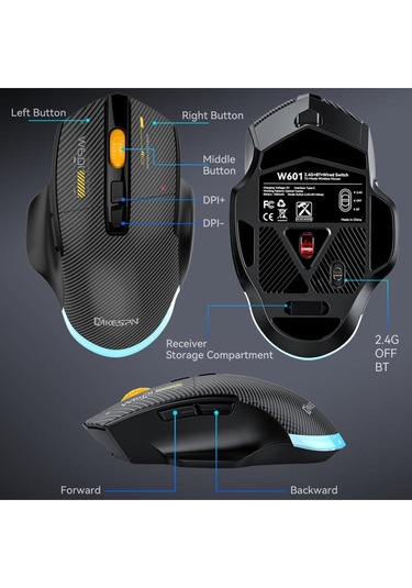 W601 Tri-mode Gaming Mouse 12800 Dpı, Rgb, Bt + 2.4ghz + Kablolu, Type-c Şarjlı Oyuncu Mouse 601