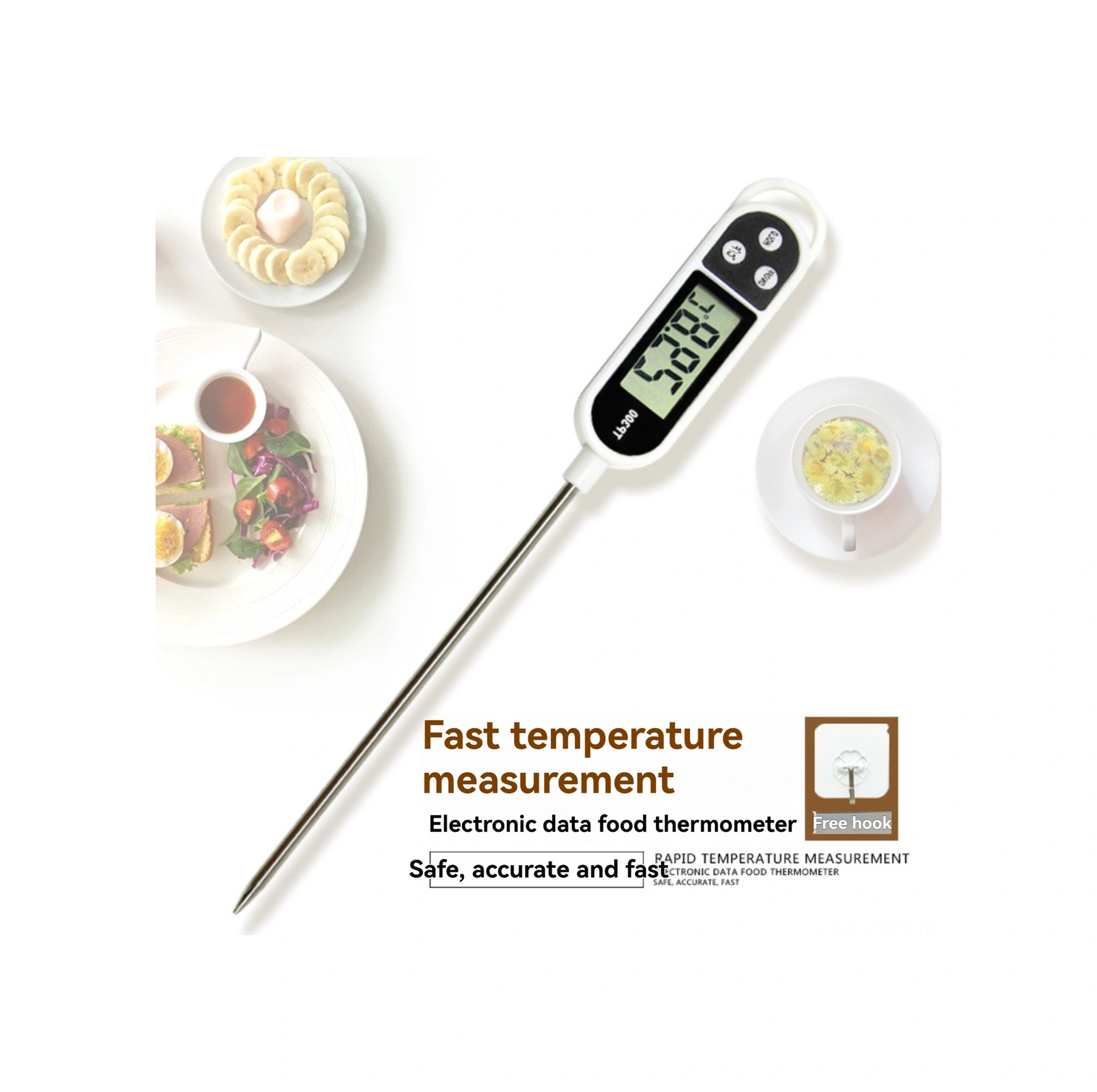 Yaleker Kalem Şeklinde Çelik Problu Dijital Gıda Sıcaklık Ölçer -50 C/+300 C Aralığında Hızlı Ölçüm, C/ F Dönüşümü, Hold Fonksiyonu Beyaz