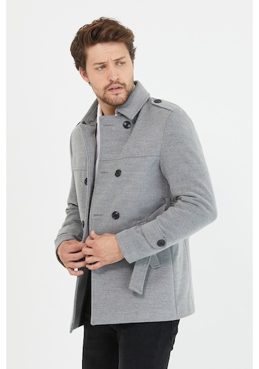 Mero Life Erkek Açık Gri Kemerli Kaşe Kaban Trenç Model Açık Gri