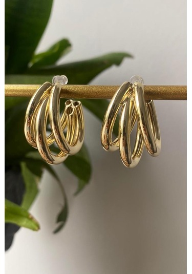 Oqqo Üç Sıra Halka Çelik Küpe Altın