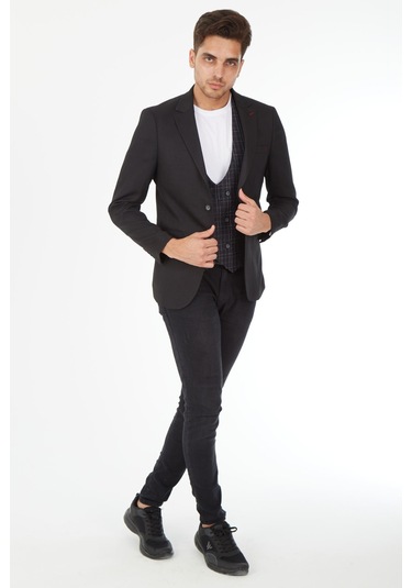 Sposo 5139 Ekose Yelekli Dar Kalıp Siyah Erkek Blazer Ceket Siyah