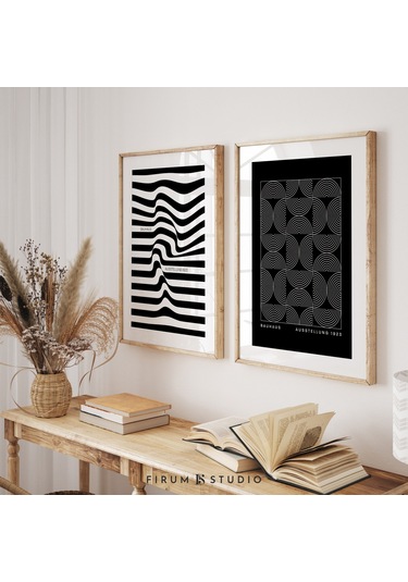 Siyah Beyaz Geometrik 2'li Set, Modern Siyah Sanat