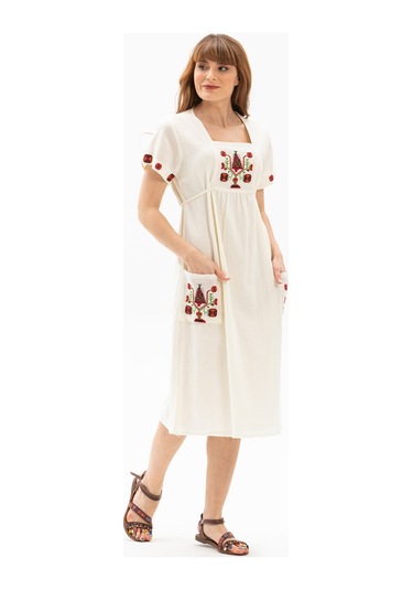 Kısa Kol Şile Bezi Melek Midi Boy Elbise Krem Krm