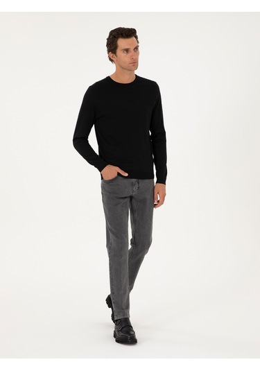 Cacharel Siyah Slim Fit Yün Karışımlı Bisiklet Yaka Basic Triko Kazak