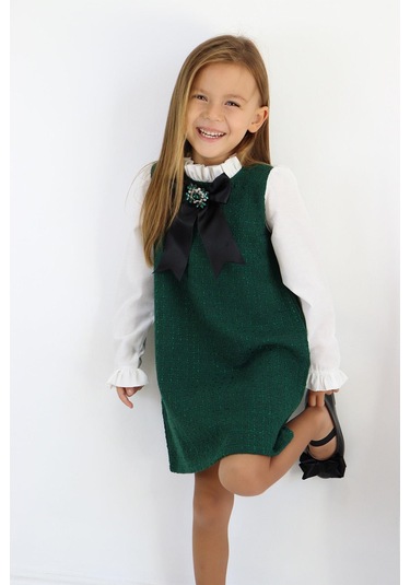 Kız Çocuk Vanessa Broş Detaylı Tüvit Zümrüt Uzun Kollu Elbise