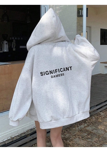 Significant Damebb Fermuarlı Hırka Sweatshirt - Gri Baskılı Oversize Kışlık Kalın Kapüşonlu Gri