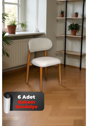Bohem Polo İskandinav Sandalye 6 Adet Puffy & Baby Face Kumaş, %100 Ahşap, Modern Sandalye Cappuccino