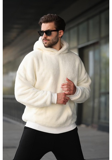 Ekru Peluş Kapüşonlu Erkek Sweatshirt 6050 Ekru