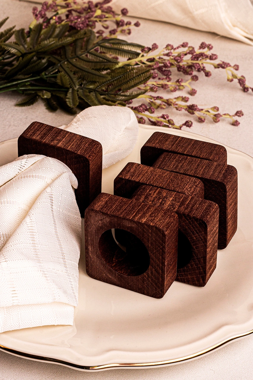 Snippy Tovy - 6'lı Ahşap Peçetelik Servis Peçete Halkası Kahverengi