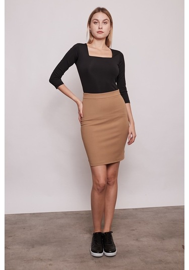 Yüksek Bel Diz Üstü Şık Kumaş Kalem Etek-Camel