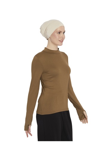 Kadın Organik Parmak Geçmeli Balıkçı Yakalı Body Açık Çikolata