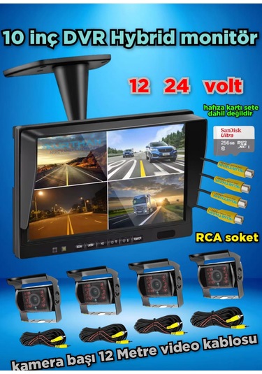 10 İnç Dvr Ekran 4 Adet Metal Kasa Ledli Kamera Set 12 24 Volt