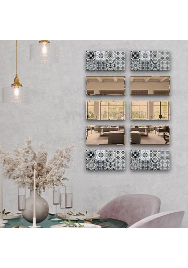 Dekor Camı | Karakalem Çizim Cam ve Bronz Ayna | 10'lu Takım