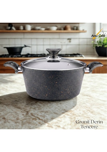 28 Cm Granit Derin Tencere Cam Kapak - Siyah Siyah