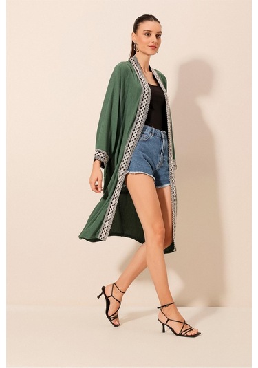 Bigdart 5865 Nakışlı Örme Uzun Kimono - Zümrüt Yeşili 001
