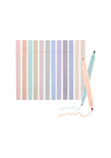 Aubyhe 12 Renk Yumuşak Vurgulayıcı Seti - İki Uçlu Uç İnce + Çatal - Hızlı Kuruyan - Kağıda Sızmayan - Not Alma, Çalışma, Renklendirme İçin Çok Renkli