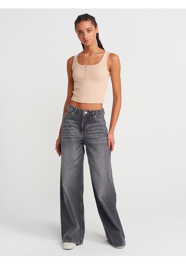 Dilvin 20983 Düğmeli Kare Yaka Top-açık Bej Açık Bej