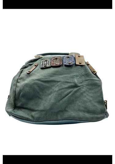 Sentt Büyük Boncuklu Kot Kumaş Çanta-Turkuaz