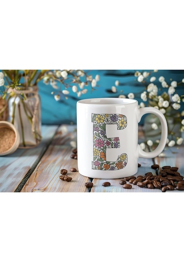 E Baş Harf Çiçek Desenleri İle Natural Tarz Kupa Bardak - Kişiye Özel Çiçekli Kahve Çay Bardak - Beyaz