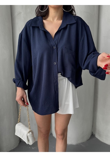 Paw Garage Kadın Flory Ayrobin Oversize Tek Cep Gömlek Lacivert