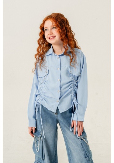 Kız Çocuk Önü Tünelli Cebi Zincirli Gömlek 3147 Mavi