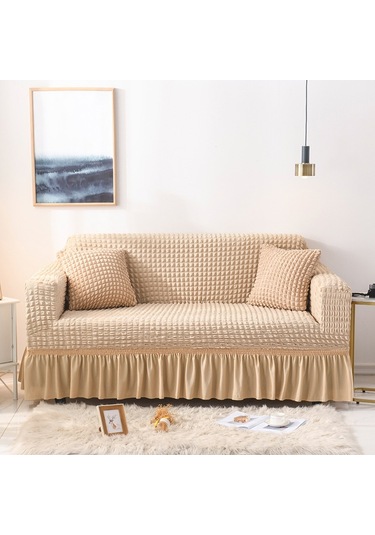 Oturma Odası Streç Tam Kapatma Etek Tarzı Kanepe Kılıfı, Beden: Çift Kişilik M 145-185cm Tek Renk Bej Bej