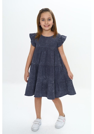 Toontoy Kız Çocuk Yıkamalı Elbise Füme