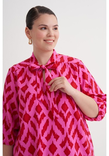 Desenli Fular Yaka Elbise-6232 Pembe