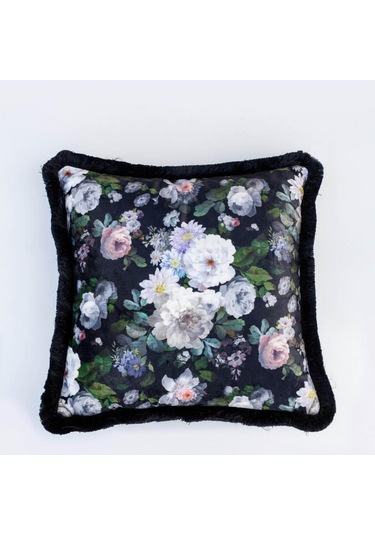 Siyah Çiçek Kadife Yastık/kırlent Dolgu Boncuk Elyaf, Ulusl. Yıkama Ve Solmama Sertifikası Çok Renkli