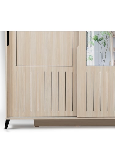 Pasifichome Huga Sürgülü Gardırop Meşe 130Cm / 2 Kapaklı Çekmeceli Dolap